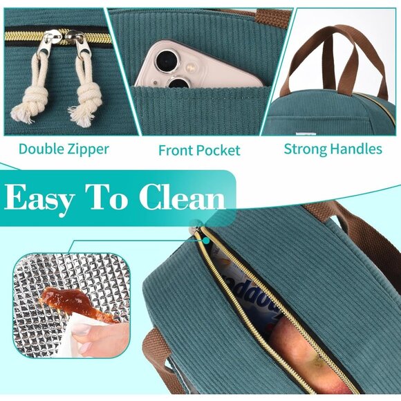 Cute Corduroy Lunch Box for Women & Teens, Insulated Tote for Work/Travel Green - Picture 5 of 7